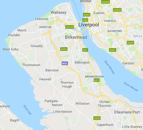 Map of the WD Drain Services Wirral coverage area